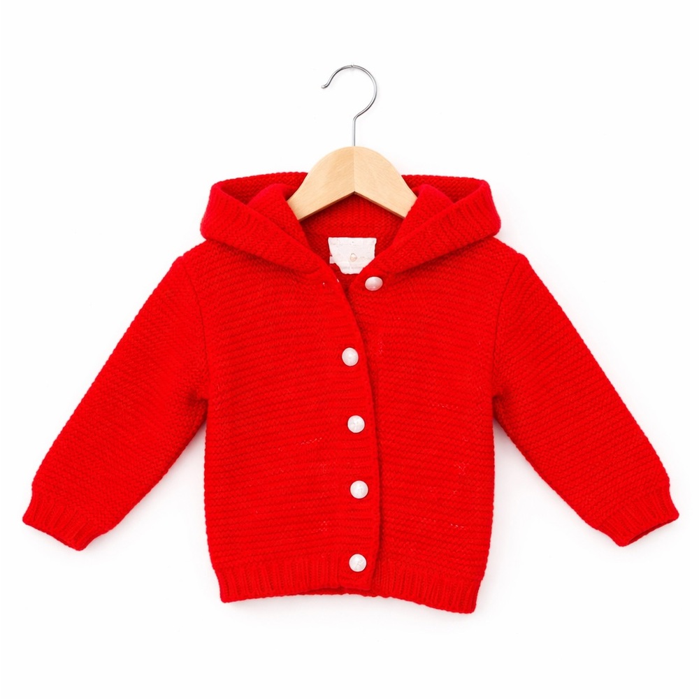 Vintage Red Hooded Knit Cardigan Toddler 12-18M Acrylic Button Front Sweater